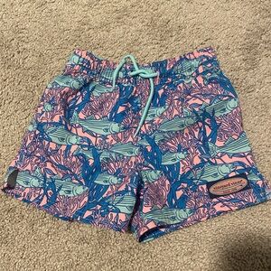 Vineyard Vines Boys Fish Print Swim Trunks - Pink & Aqua